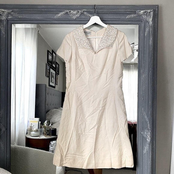 VTG Georgia Bullock Vintage Beaded Embellished Collar Linen Short Sleeve Dress 6 - Picture 2 of 8